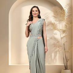 Stylum Women's Pista Colour Belted Party Wear Ready To Wear Lycra Saree (SRPISTAHELEN)