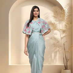 Stylum Women's Pista Colour Party Wear Jacket & Belted Ready To Wear Chiffon Satin Saree (SRPISTAKAREN)