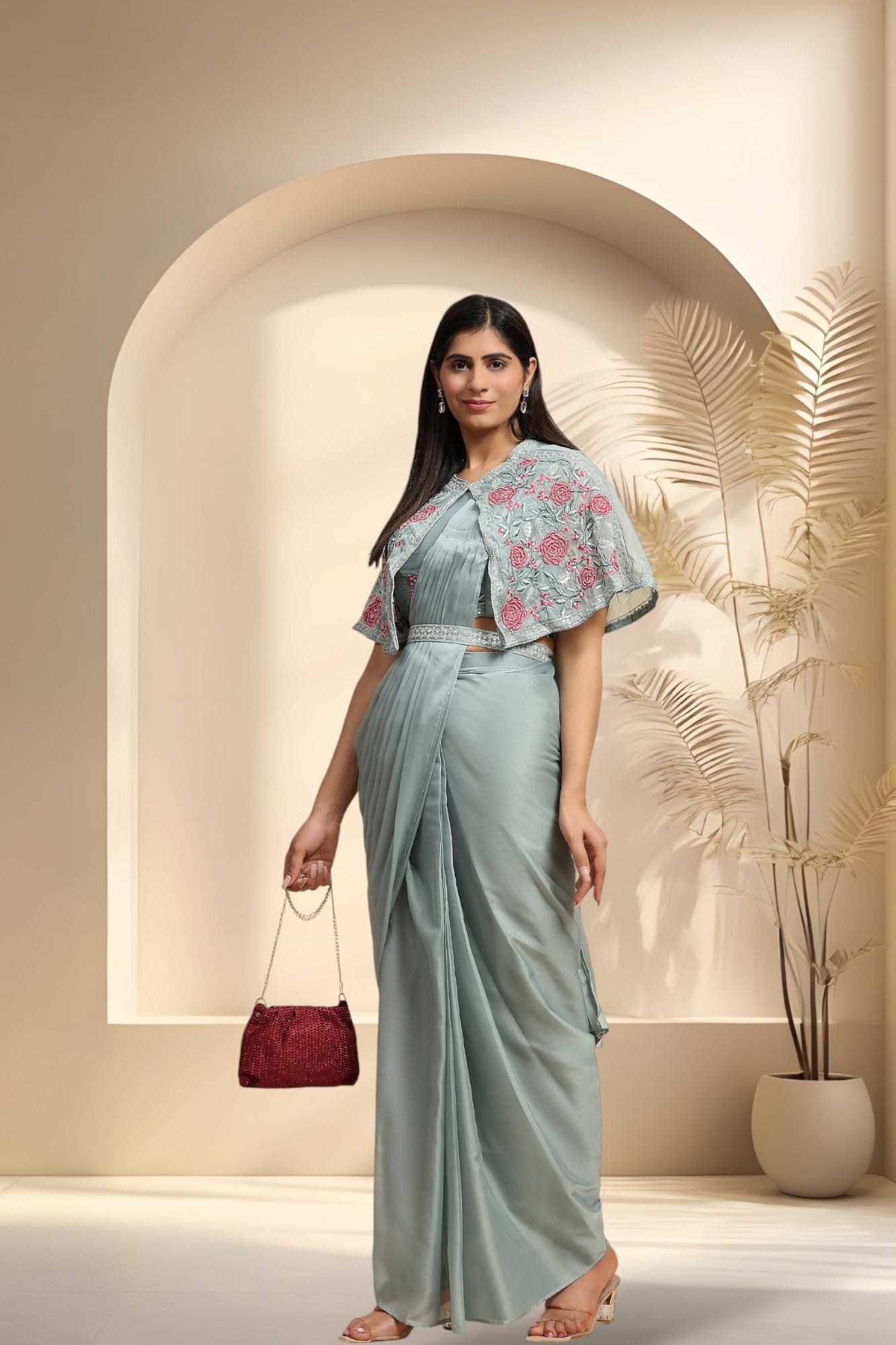 Stylum Women's Pista Colour Party Wear Jacket & Belted Ready To Wear Chiffon Satin Saree (SRPISTAKAREN)