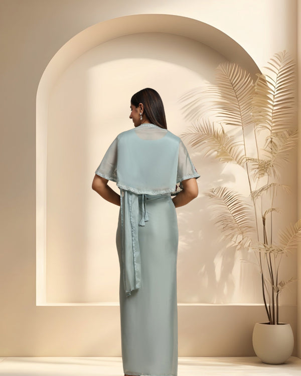 Stylum Women's Pista Colour Party Wear Jacket & Belted Ready To Wear Chiffon Satin Saree (SRPISTAKAREN)