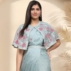 Stylum Women's Pista Colour Party Wear Jacket & Belted Ready To Wear Chiffon Satin Saree (SRPISTAKAREN)