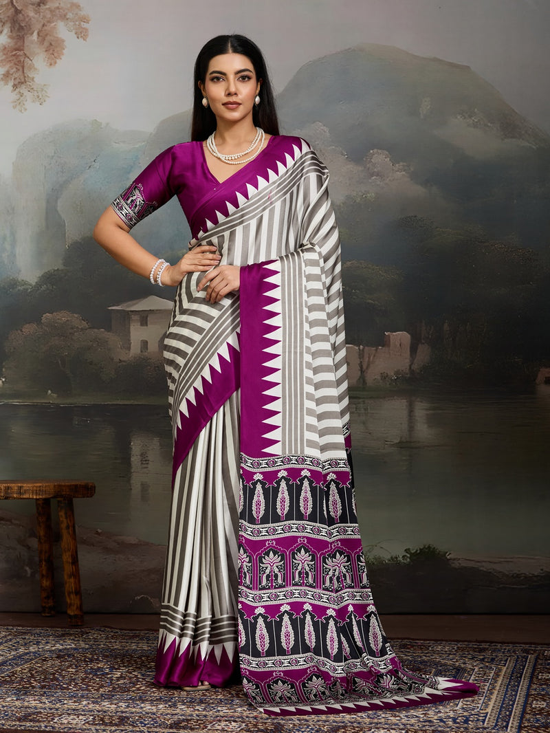 Stylum Women's Purple Ajrakh Printed Modal Satin Saree With Unstitched Blouse Piece (SRPURPLEBORIL)