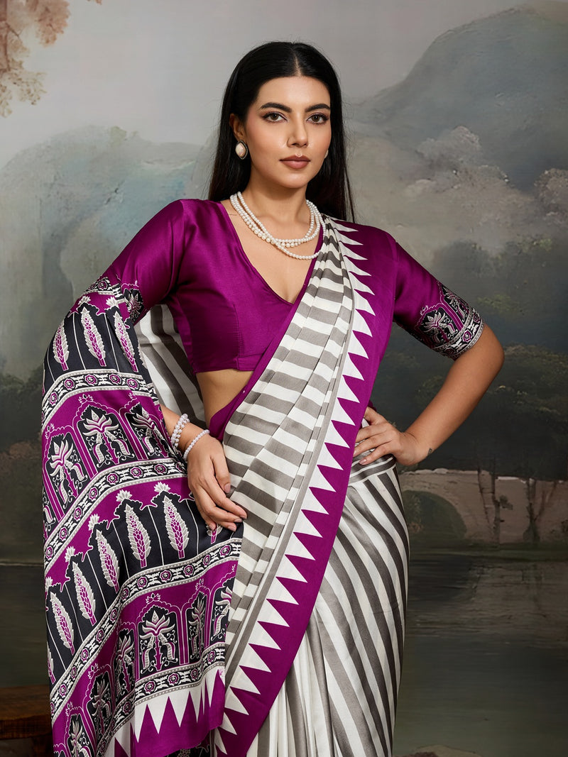 Stylum Women's Purple Ajrakh Printed Modal Satin Saree With Unstitched Blouse Piece (SRPURPLEBORIL)