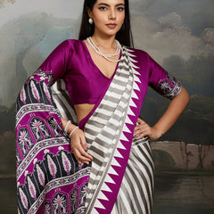 Stylum Women's Purple Ajrakh Printed Modal Satin Saree With Unstitched Blouse Piece (SRPURPLEBORIL)
