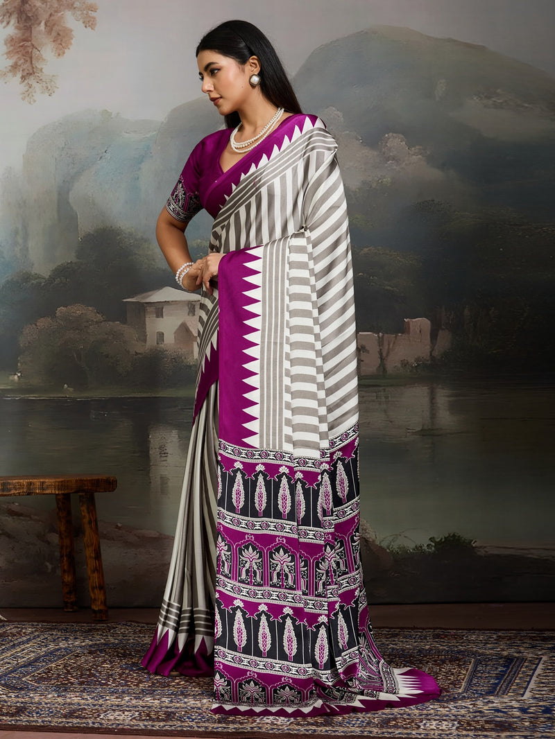 Stylum Women's Purple Ajrakh Printed Modal Satin Saree With Unstitched Blouse Piece (SRPURPLEBORIL)