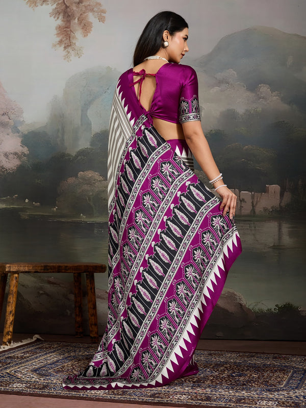 Stylum Women's Purple Ajrakh Printed Modal Satin Saree With Unstitched Blouse Piece (SRPURPLEBORIL)