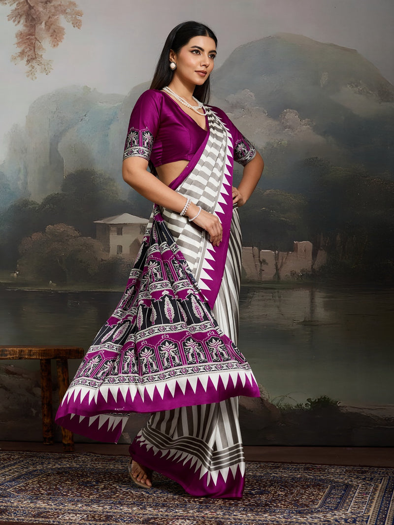 Stylum Women's Purple Ajrakh Printed Modal Satin Saree With Unstitched Blouse Piece (SRPURPLEBORIL)