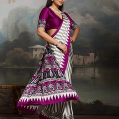 Stylum Women's Purple Ajrakh Printed Modal Satin Saree With Unstitched Blouse Piece (SRPURPLEBORIL)