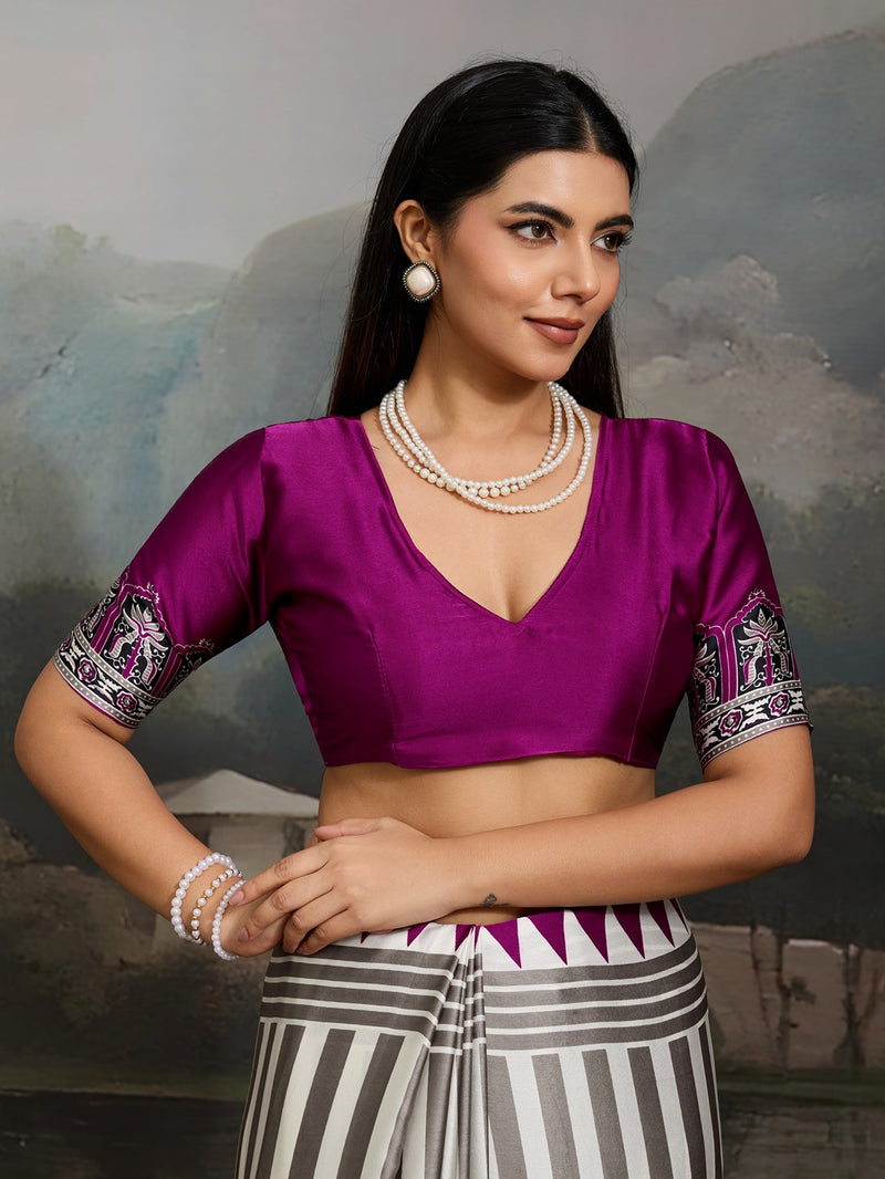 Stylum Women's Purple Ajrakh Printed Modal Satin Saree With Unstitched Blouse Piece (SRPURPLEBORIL)