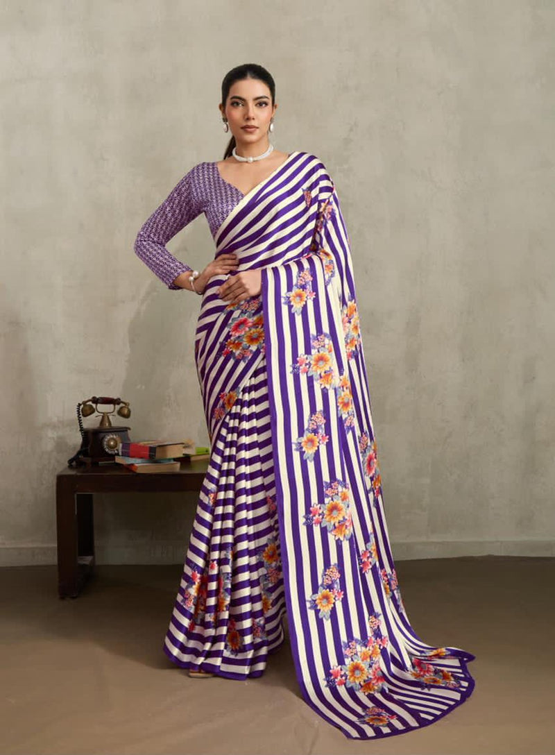 Stylum Women's Purple Floral Printed Satin Saree With Unstitched Blouse Piece (SRPURPLEGLOBE)