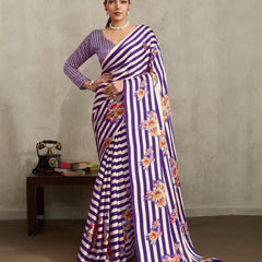 Stylum Women's Purple Floral Printed Satin Saree With Unstitched Blouse Piece (SRPURPLEGLOBE)