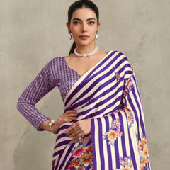 Stylum Women's Purple Floral Printed Satin Saree With Unstitched Blouse Piece (SRPURPLEGLOBE)
