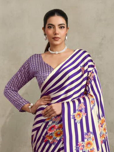 Stylum Women's Purple Floral Printed Satin Saree With Unstitched Blouse Piece (SRPURPLEGLOBE)