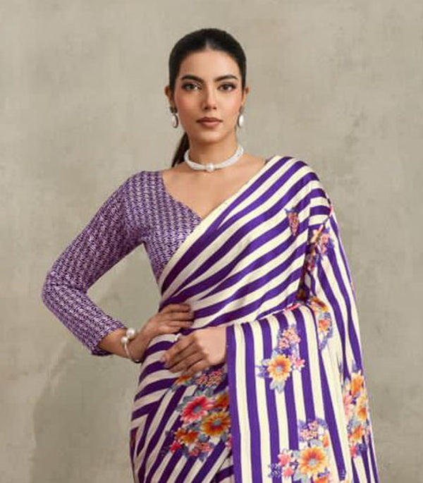 Stylum Women's Purple Floral Printed Satin Saree With Unstitched Blouse Piece (SRPURPLEGLOBE)
