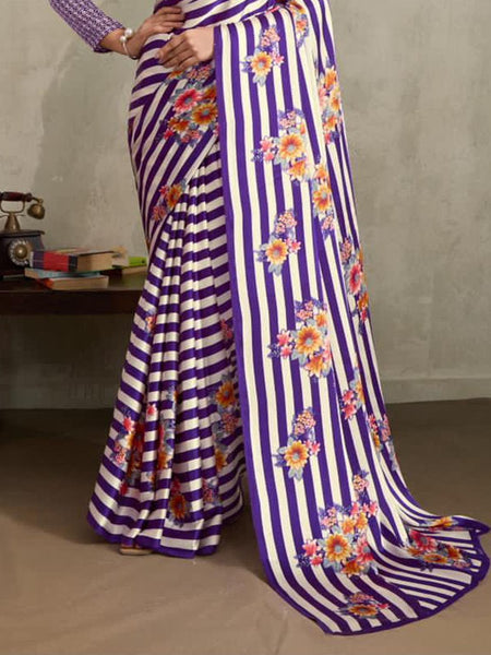 Stylum Women's Purple Floral Printed Satin Saree With Unstitched Blouse Piece (SRPURPLEGLOBE)
