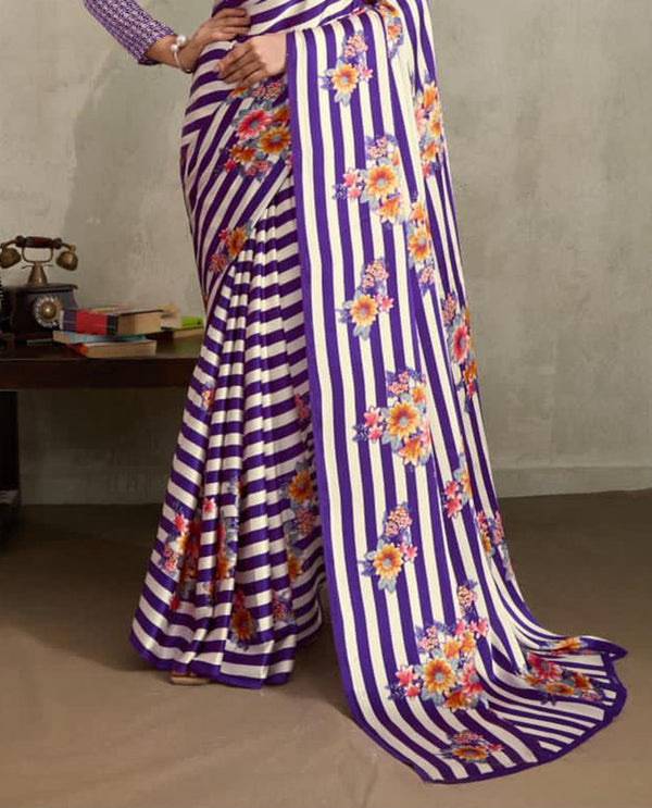 Stylum Women's Purple Floral Printed Satin Saree With Unstitched Blouse Piece (SRPURPLEGLOBE)