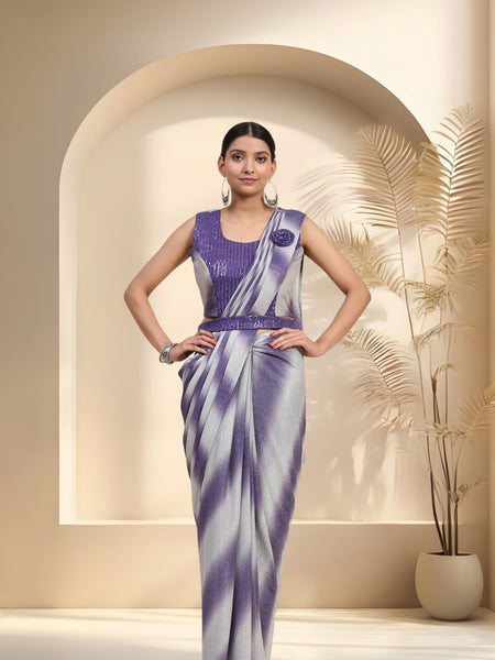 Stylum Women's Purple Glitter Leheriya Sequin Belted Ready To Wear Lycra Saree (SRPURPLEJACOB)