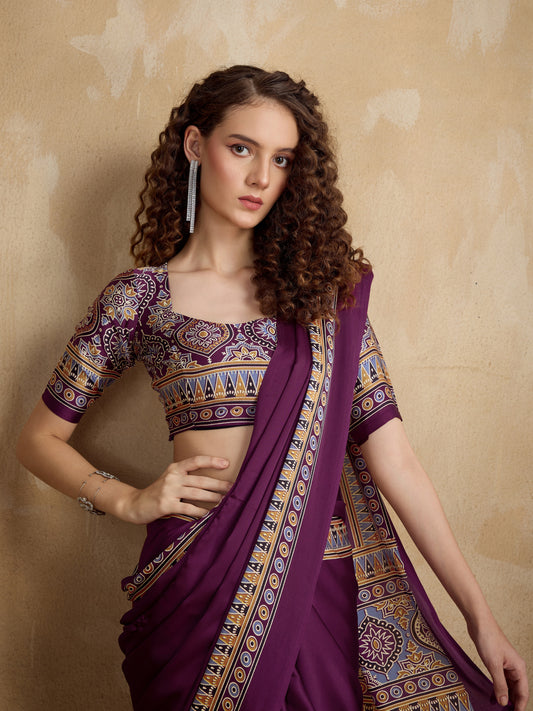 Stylum Women's Purple Ajrakh Printed Silk Blend Saree With Unstitched Blouser Piece (SRPURPLESUHANI)