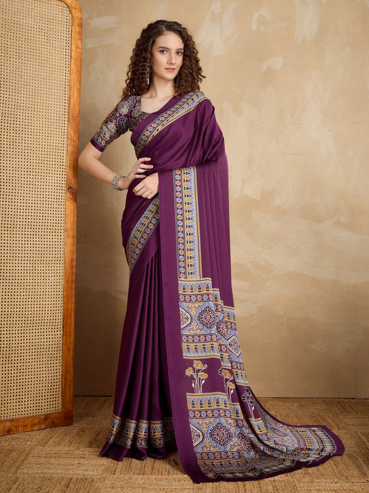 Stylum Women's Purple Ajrakh Printed Silk Blend Saree With Unstitched Blouser Piece (SRPURPLESUHANI)