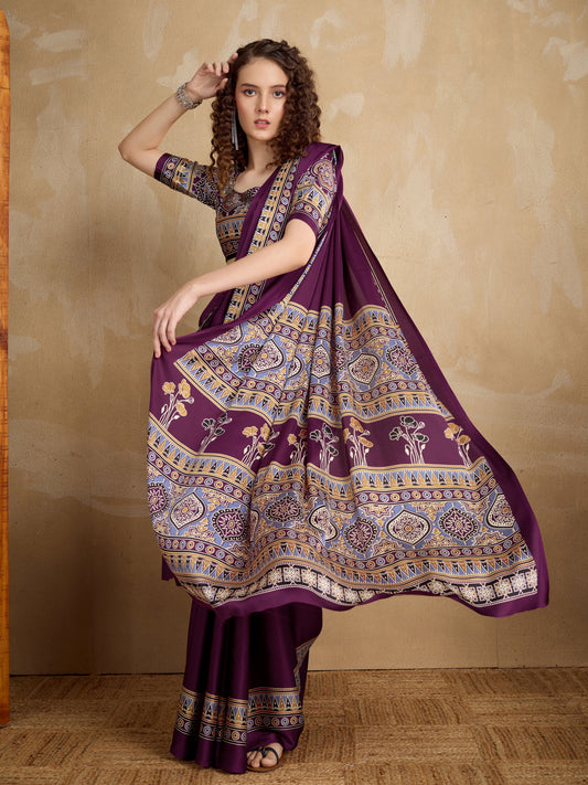 Stylum Women's Purple Ajrakh Printed Silk Blend Saree With Unstitched Blouser Piece (SRPURPLESUHANI)