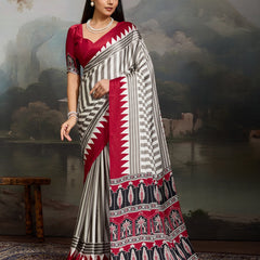 Stylum Women's Red Ajrakh Printed Modal Satin Saree With Unstitched Blouse Piece (SRREDBORIL)