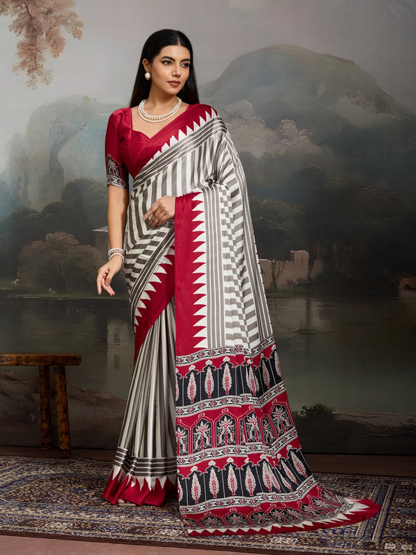 Stylum Women's Red Ajrakh Printed Modal Satin Saree With Unstitched Blouse Piece (SRREDBORIL)