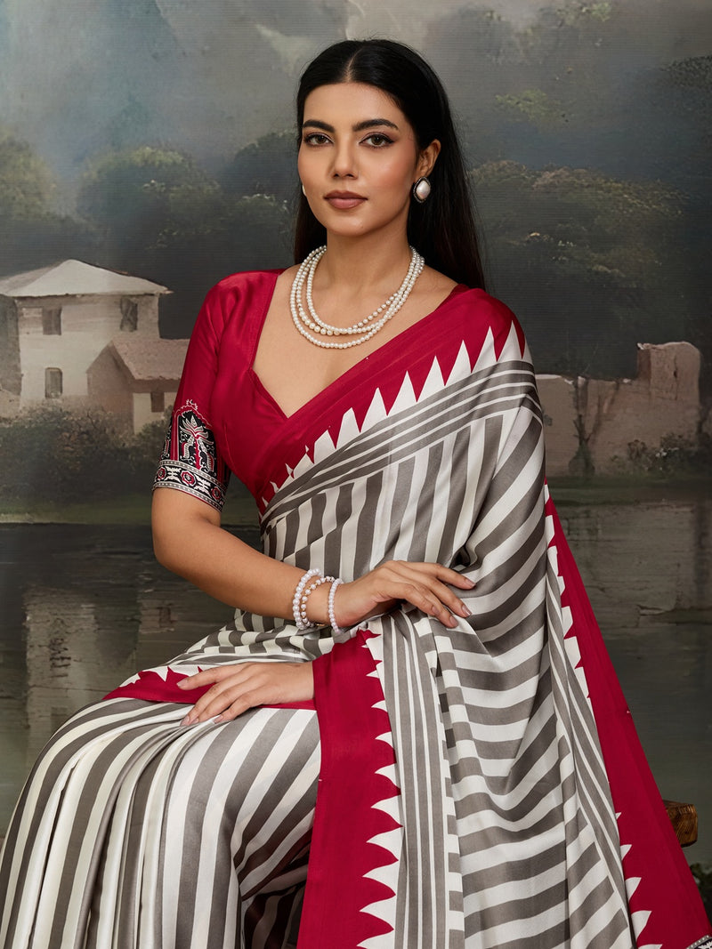Stylum Women's Red Ajrakh Printed Modal Satin Saree With Unstitched Blouse Piece (SRREDBORIL)