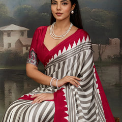 Stylum Women's Red Ajrakh Printed Modal Satin Saree With Unstitched Blouse Piece (SRREDBORIL)