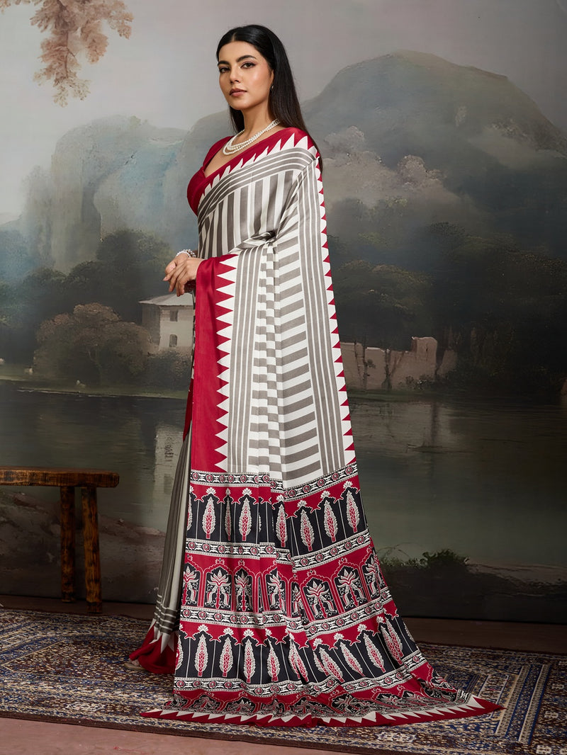 Stylum Women's Red Ajrakh Printed Modal Satin Saree With Unstitched Blouse Piece (SRREDBORIL)