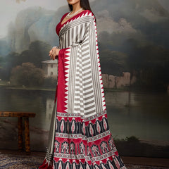 Stylum Women's Red Ajrakh Printed Modal Satin Saree With Unstitched Blouse Piece (SRREDBORIL)