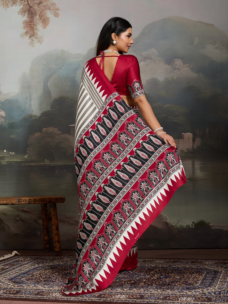 Stylum Women's Red Ajrakh Printed Modal Satin Saree With Unstitched Blouse Piece (SRREDBORIL)