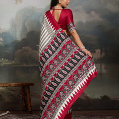 Stylum Women's Red Ajrakh Printed Modal Satin Saree With Unstitched Blouse Piece (SRREDBORIL)