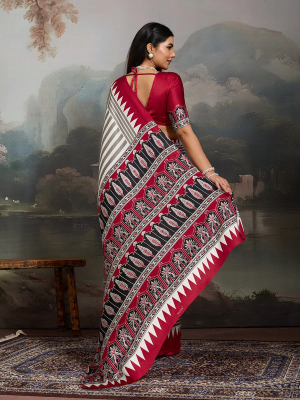 Stylum Women's Red Ajrakh Printed Modal Satin Saree With Unstitched Blouse Piece (SRREDBORIL)