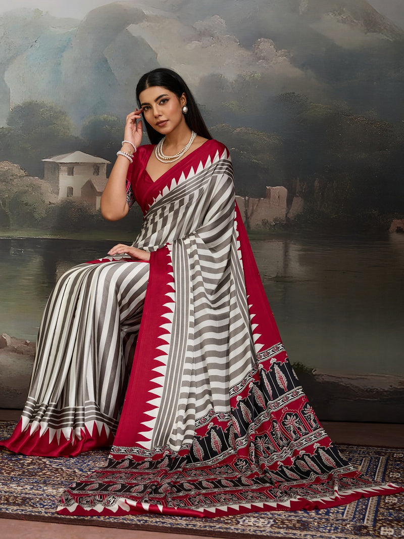 Stylum Women's Red Ajrakh Printed Modal Satin Saree With Unstitched Blouse Piece (SRREDBORIL)