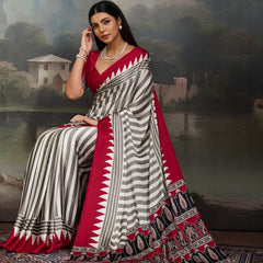 Stylum Women's Red Ajrakh Printed Modal Satin Saree With Unstitched Blouse Piece (SRREDBORIL)