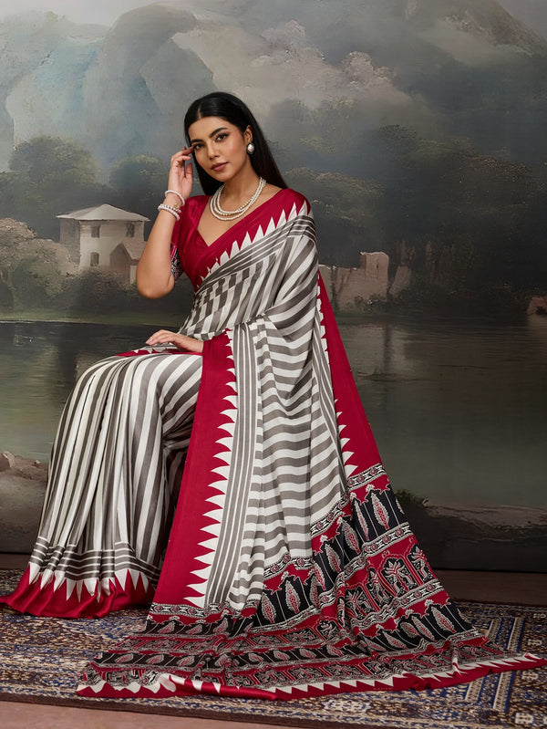 Stylum Women's Red Ajrakh Printed Modal Satin Saree With Unstitched Blouse Piece (SRREDBORIL)