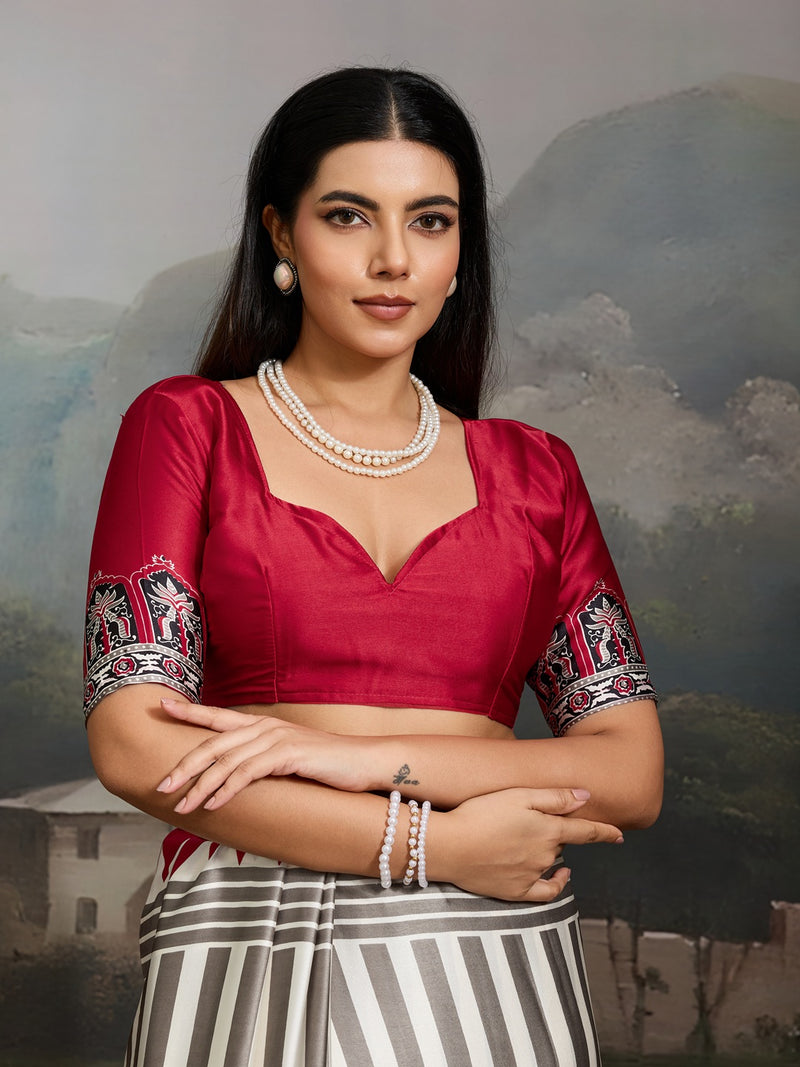 Stylum Women's Red Ajrakh Printed Modal Satin Saree With Unstitched Blouse Piece (SRREDBORIL)
