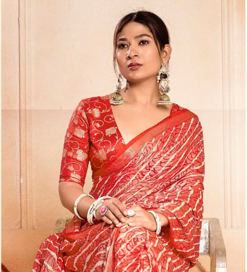 Stylum Women's Red Leheriya Printed Silk Blend Saree With Unstitched Blouse Piece (SRREDNAIRITI)