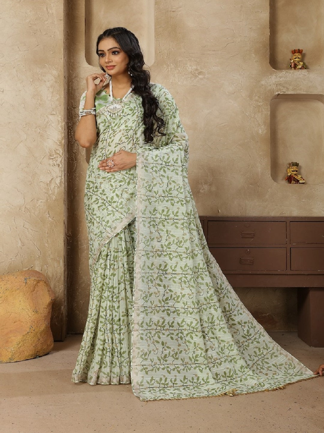 Stylum Women's Pestal Green Printed Zari Border Linen Saree with Fancy Blouse (SRROMANIYAGREEN)