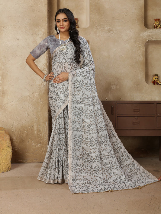 Stylum Women's Pestal Grey Printed Zari Border Linen Saree with Fancy Blouse (SRROMANIYAGREY)