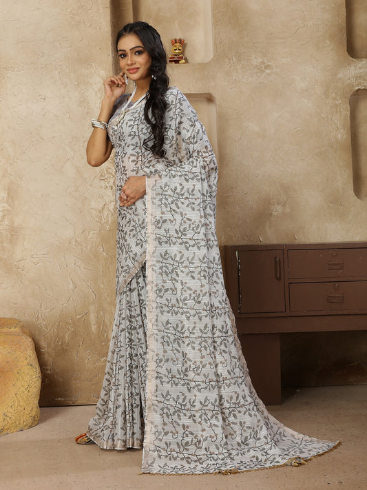 Stylum Women's Pestal Grey Printed Zari Border Linen Saree with Fancy Blouse (SRROMANIYAGREY)