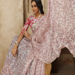 Stylum Women's Pestal Lavender Printed Zari Border Linen Saree with Fancy Blouse (SRROMANIYALAVENDER)