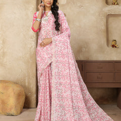 Stylum Women's Pestal Pink Printed Zari Border Linen Saree with Fancy Blouse (SRROMANIYAPINK)