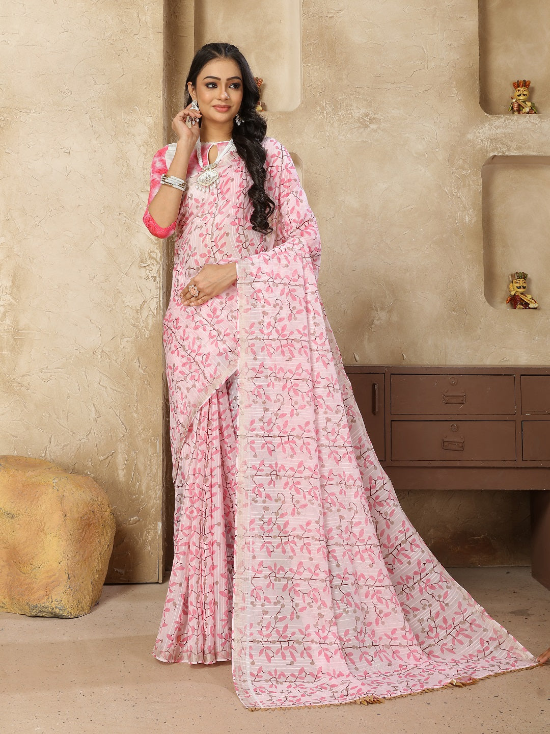 Stylum Women's Pestal Pink Printed Zari Border Linen Saree with Fancy Blouse (SRROMANIYAPINK)