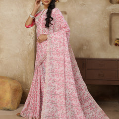 Stylum Women's Pestal Pink Printed Zari Border Linen Saree with Fancy Blouse (SRROMANIYAPINK)