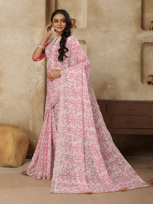 Stylum Women's Pestal Pink Printed Zari Border Linen Saree with Fancy Blouse (SRROMANIYAPINK)