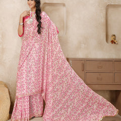 Stylum Women's Pestal Pink Printed Zari Border Linen Saree with Fancy Blouse (SRROMANIYAPINK)