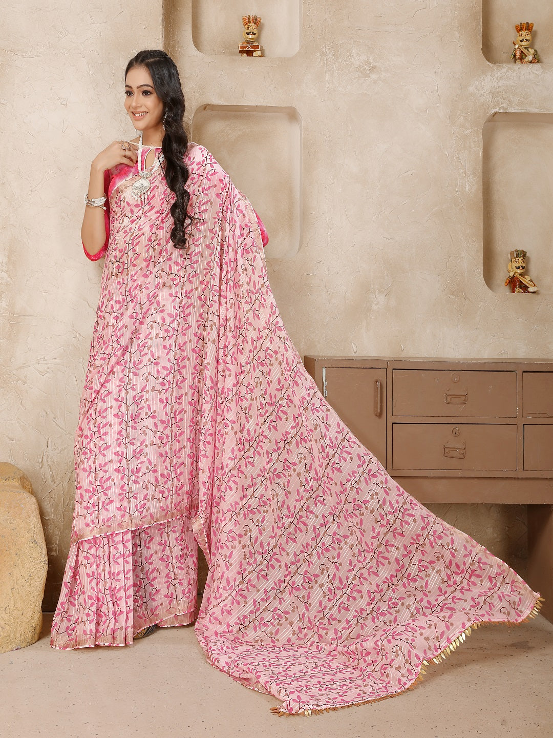 Stylum Women's Pestal Pink Printed Zari Border Linen Saree with Fancy Blouse (SRROMANIYAPINK)