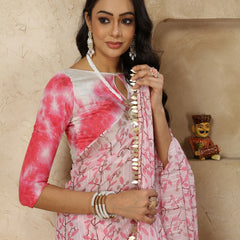 Stylum Women's Pestal Pink Printed Zari Border Linen Saree with Fancy Blouse (SRROMANIYAPINK)