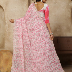 Stylum Women's Pestal Pink Printed Zari Border Linen Saree with Fancy Blouse (SRROMANIYAPINK)